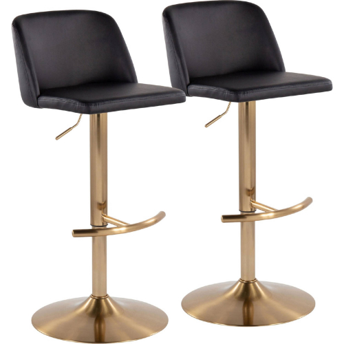 Toriano Adjustable Swivel Bar Stool in Black Leatherette & Gold (Set of 2)